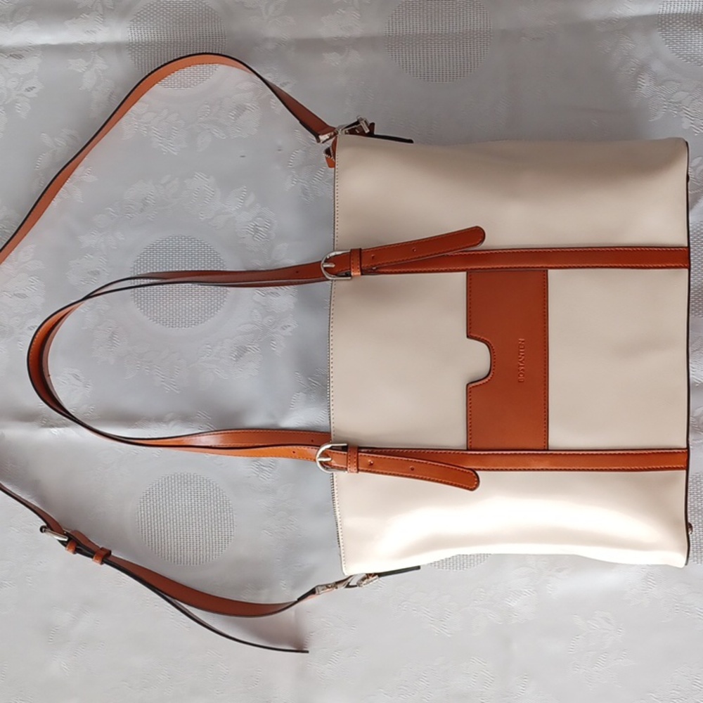 Bostanten briefcase bag,large,cream and brown leather